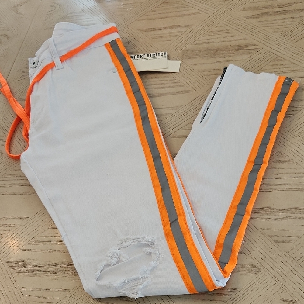 KDNK Comfort Stretch Skinny Jeans - White w/Orange & Gray Stripes Size 3